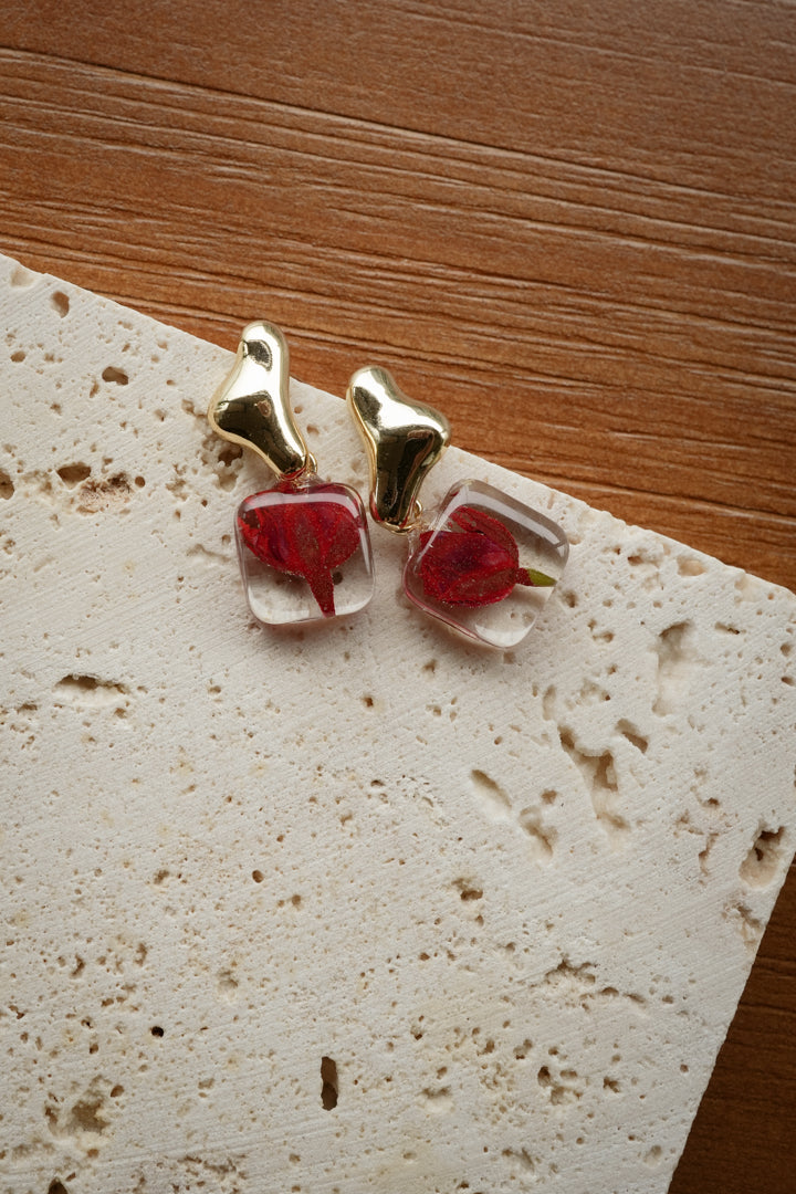 Molten Ruby Rose Dangles in Gold