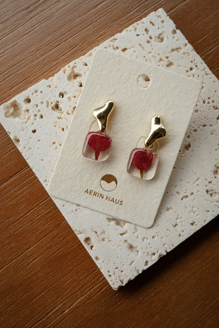 Molten Ruby Rose Dangles in Gold