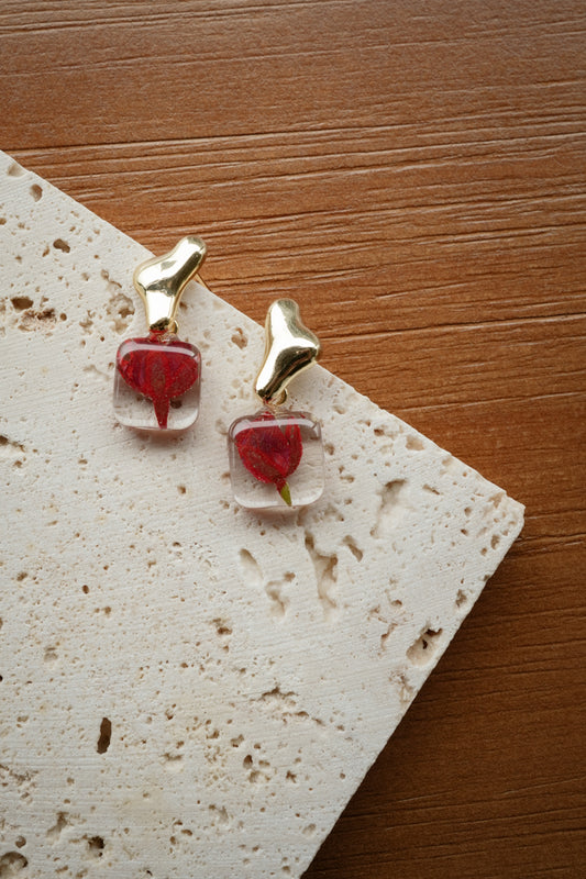 Molten Ruby Rose Dangles in Gold