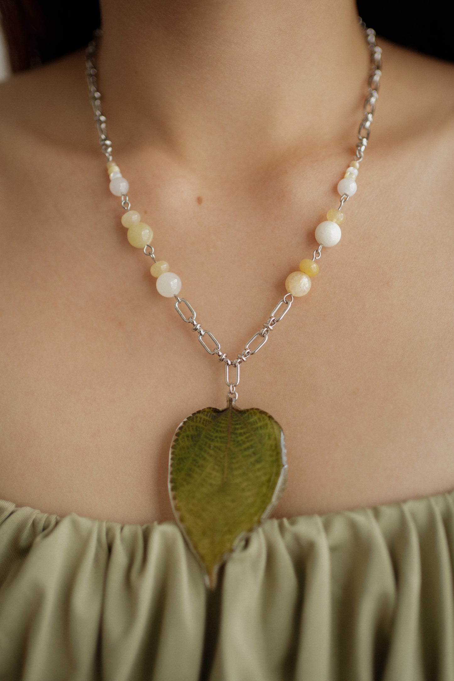 Sage Toothed Leaf Beaded Necklace